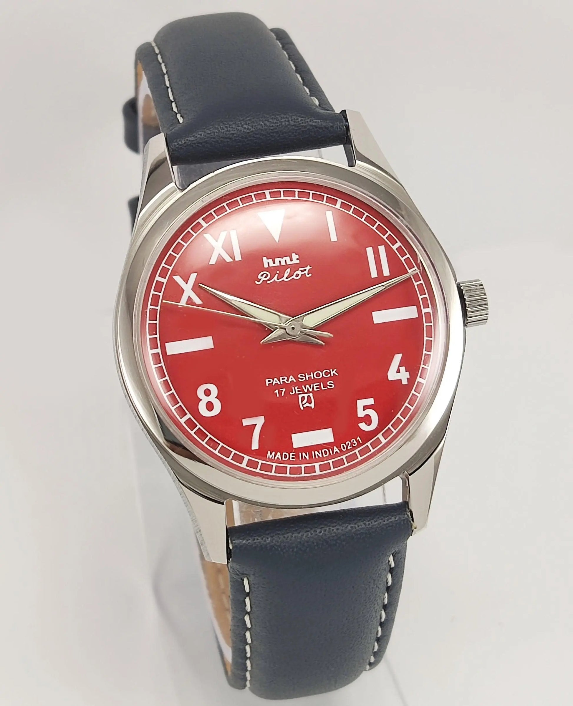 HMT Pilot Para Shock 17 Jewels Red Dial Transparent Back Mechanical Hand winding Men's Wrist Watch - Discover-Diamonds