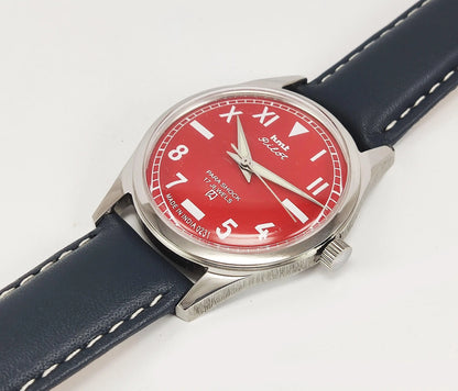 HMT Pilot Para Shock 17 Jewels Red Dial Transparent Back Mechanical Hand winding Men's Wrist Watch - Discover-Diamonds