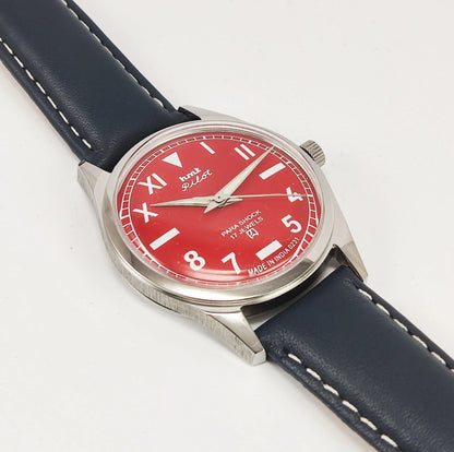 HMT Pilot Para Shock 17 Jewels Red Dial Transparent Back Mechanical Hand winding Men's Wrist Watch - Discover-Diamonds