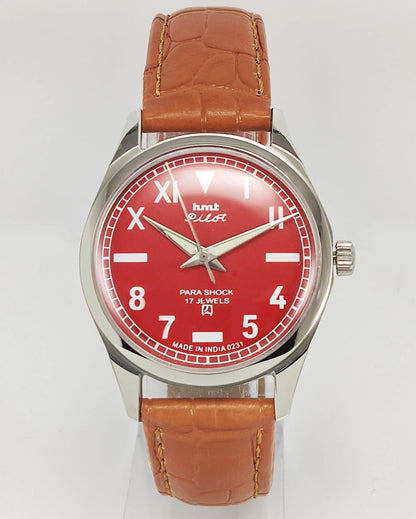 HMT Pilot Para Shock 17 Jewels Red Dial Transparent Back Mechanical Hand winding Men's Wrist Watch - Discover-Diamonds