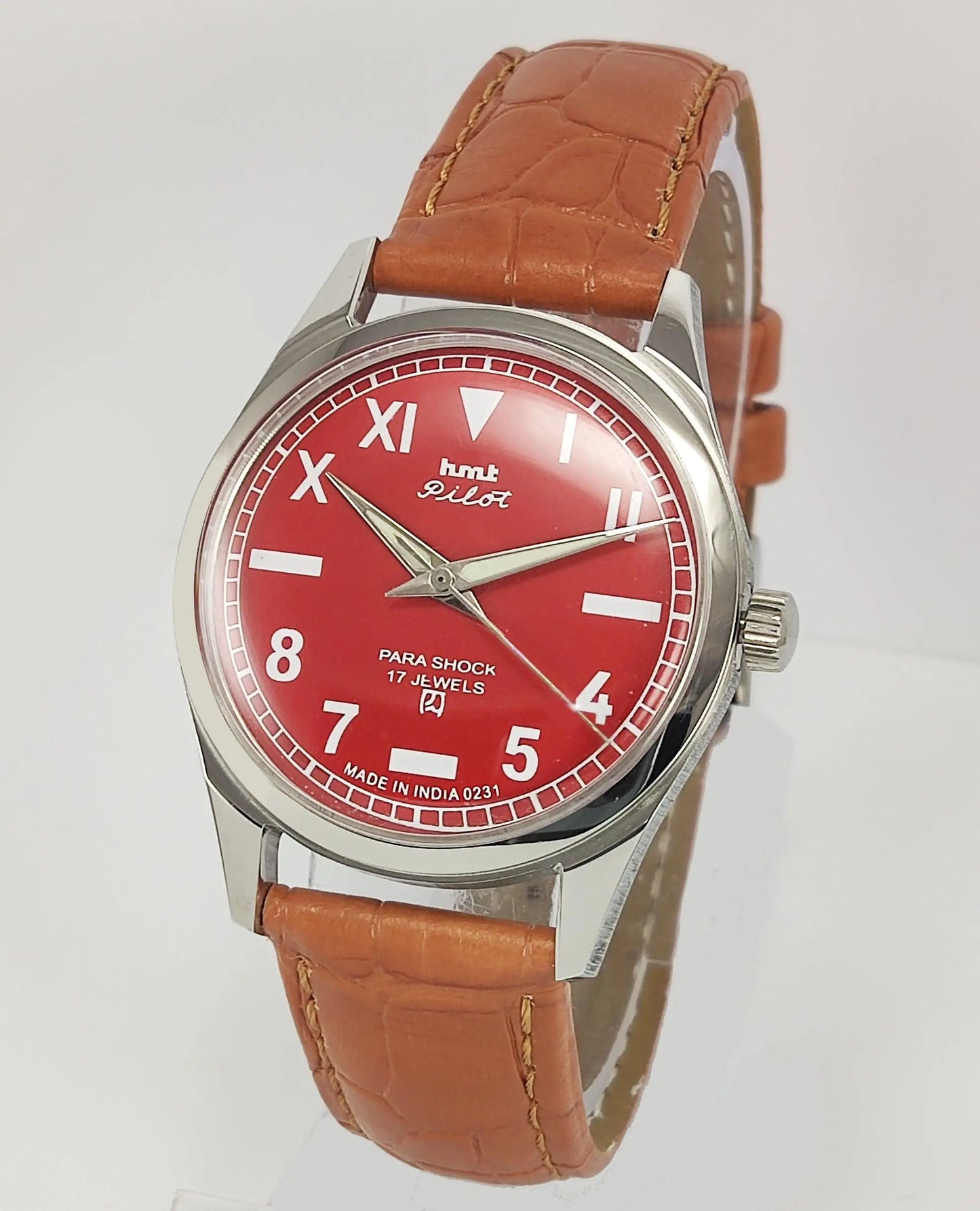 HMT Pilot Para Shock 17 Jewels Red Dial Transparent Back Mechanical Hand winding Men's Wrist Watch - Discover-Diamonds