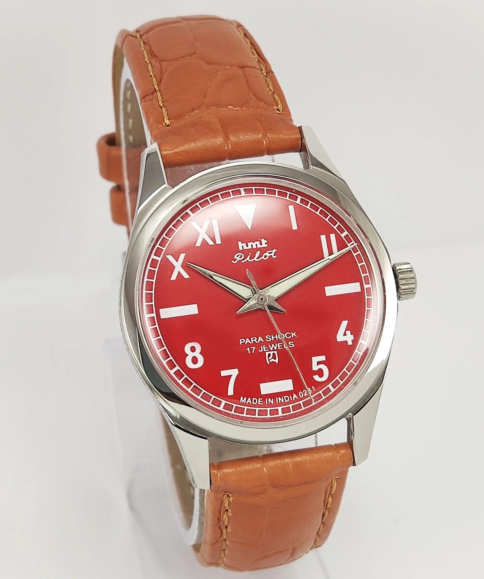 HMT Pilot Para Shock 17 Jewels Red Dial Transparent Back Mechanical Hand winding Men's Wrist Watch - Discover-Diamonds