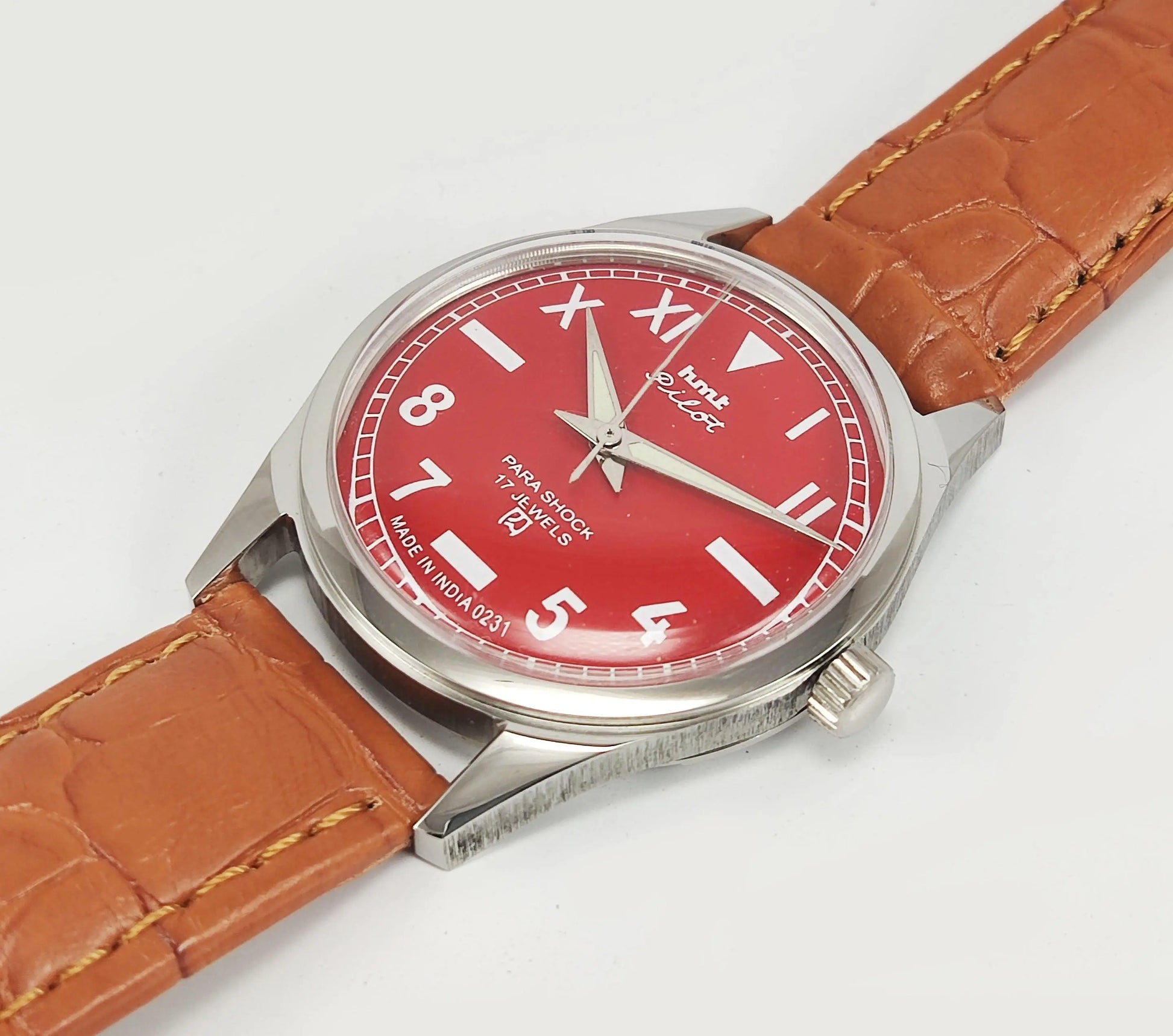 HMT Pilot Para Shock 17 Jewels Red Dial Transparent Back Mechanical Hand winding Men's Wrist Watch - Discover-Diamonds