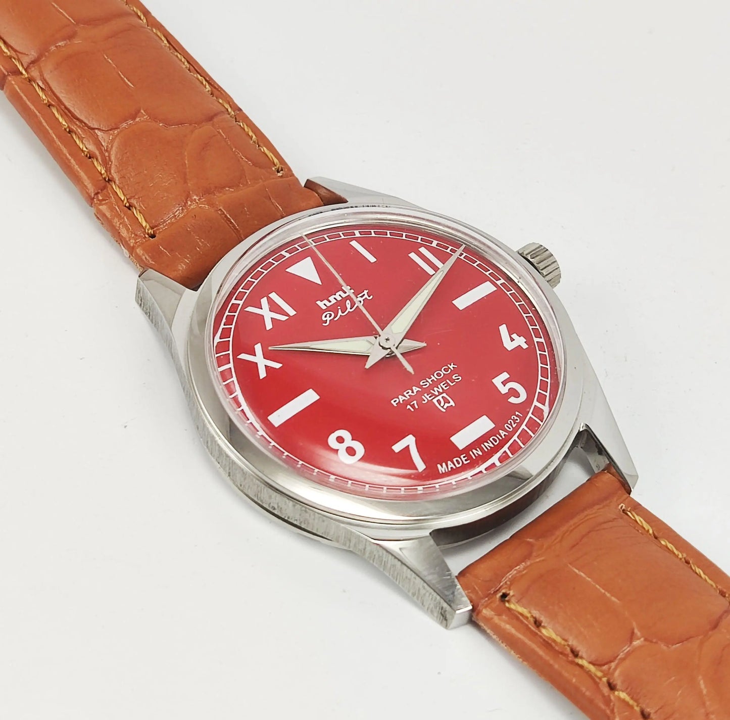 HMT Pilot Para Shock 17 Jewels Red Dial Transparent Back Mechanical Hand winding Men's Wrist Watch - Discover-Diamonds