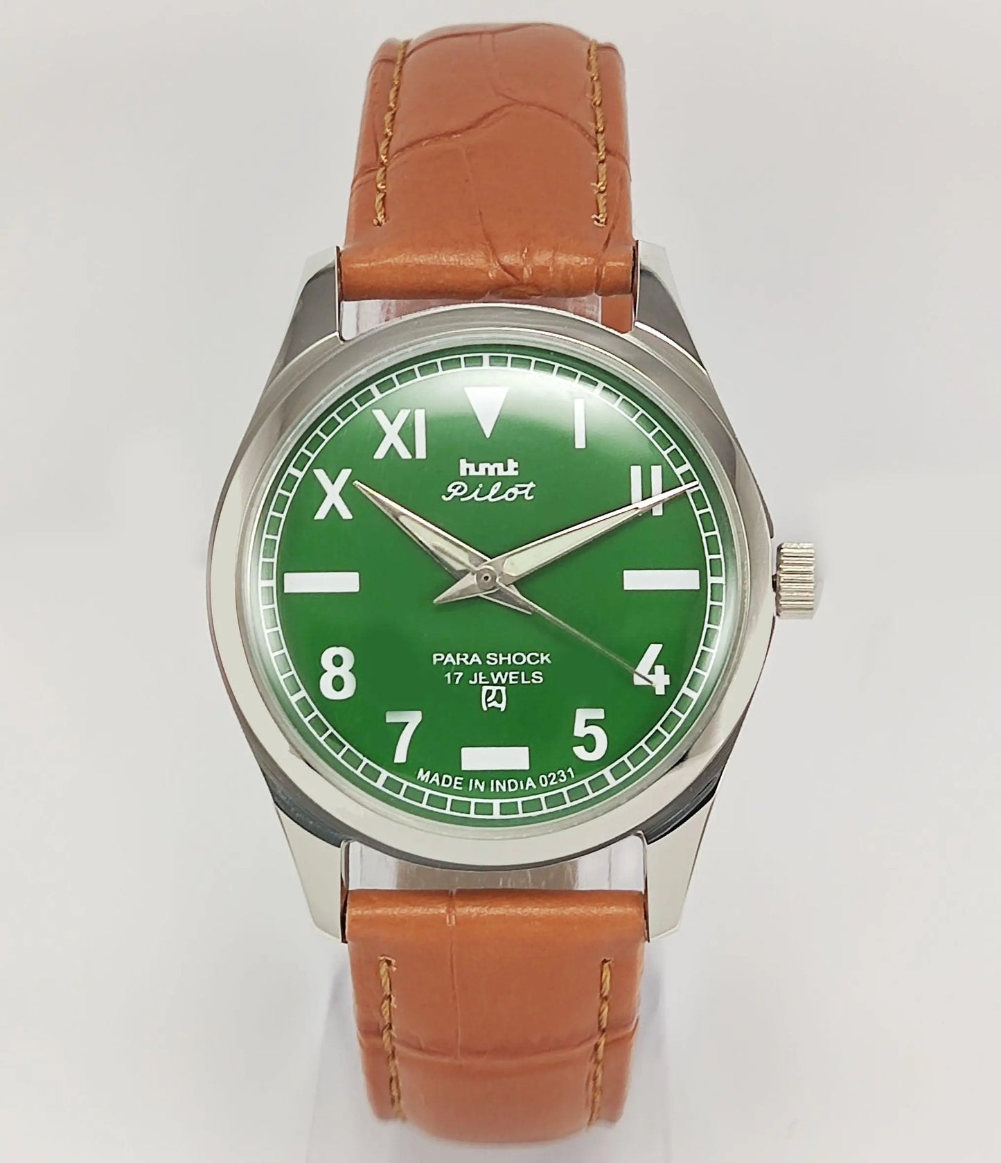 HMT Pilot Para Shock 17 Jewels Green Dial Transparent Back Mechanical Hand winding Men's Wrist Watch - Discover-Diamonds