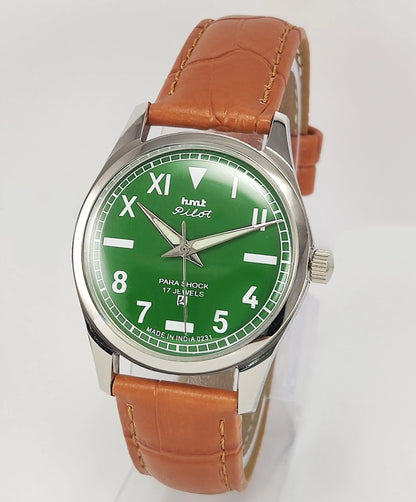 HMT Pilot Para Shock 17 Jewels Green Dial Transparent Back Mechanical Hand winding Men's Wrist Watch - Discover-Diamonds