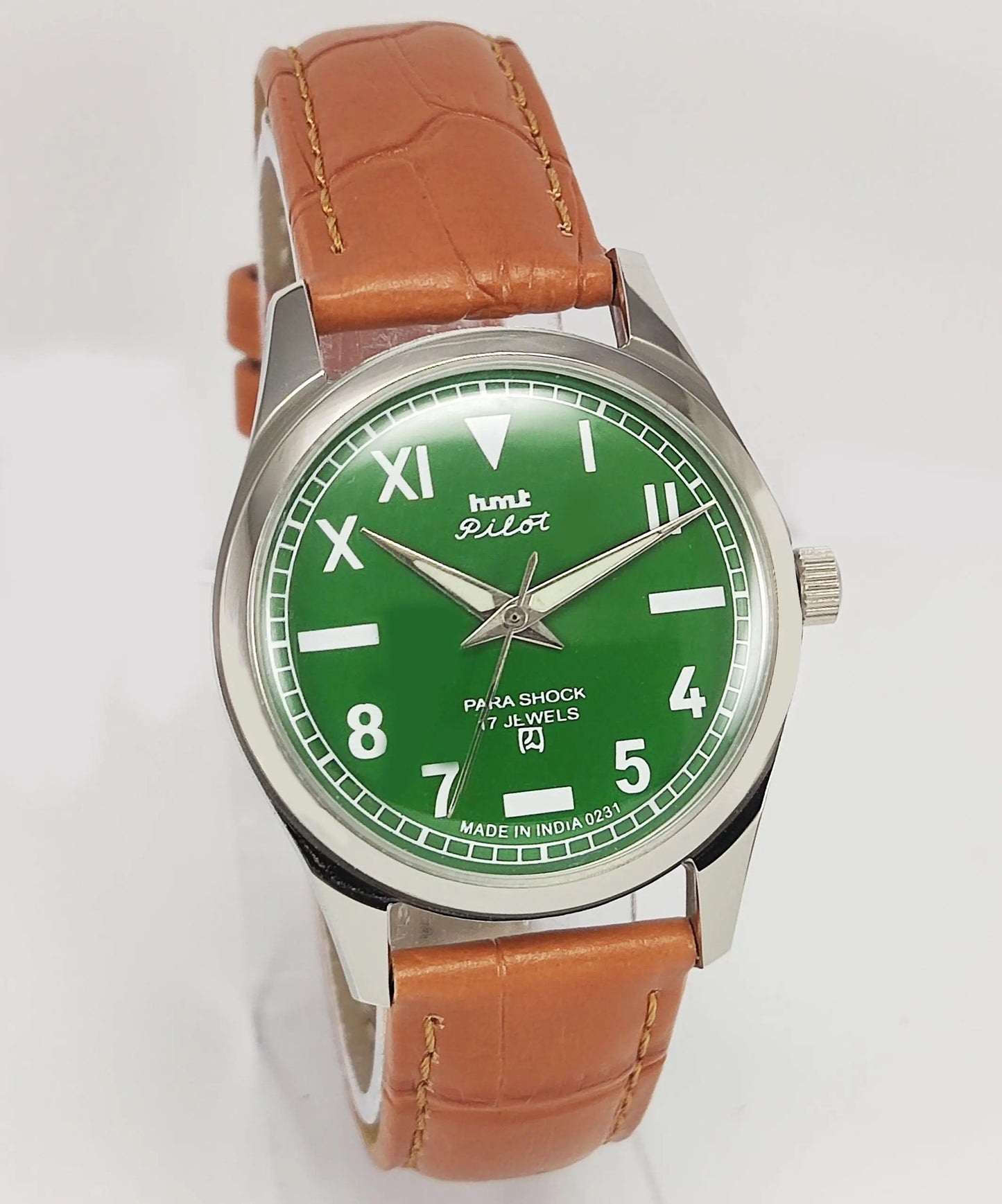 HMT Pilot Para Shock 17 Jewels Green Dial Transparent Back Mechanical Hand winding Men's Wrist Watch - Discover-Diamonds