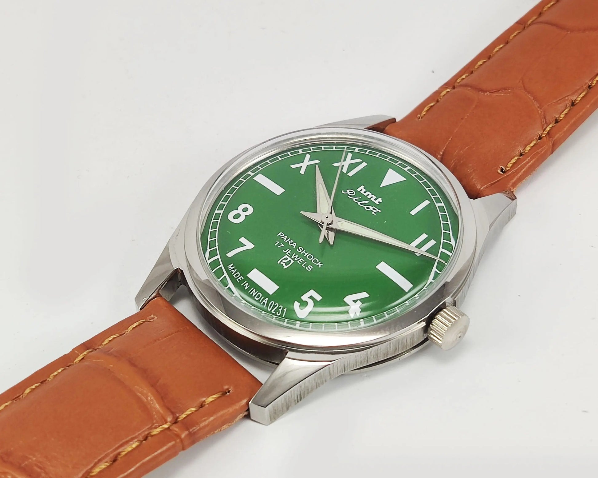 HMT Pilot Para Shock 17 Jewels Green Dial Transparent Back Mechanical Hand winding Men's Wrist Watch - Discover-Diamonds