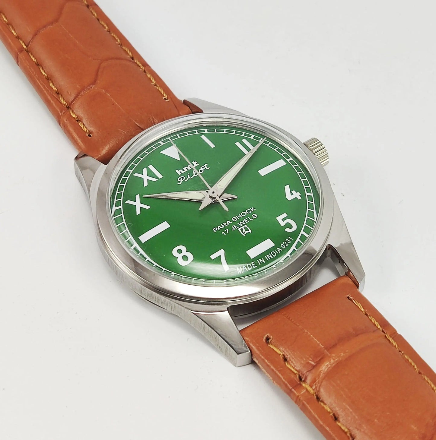 HMT Pilot Para Shock 17 Jewels Green Dial Transparent Back Mechanical Hand winding Men's Wrist Watch - Discover-Diamonds