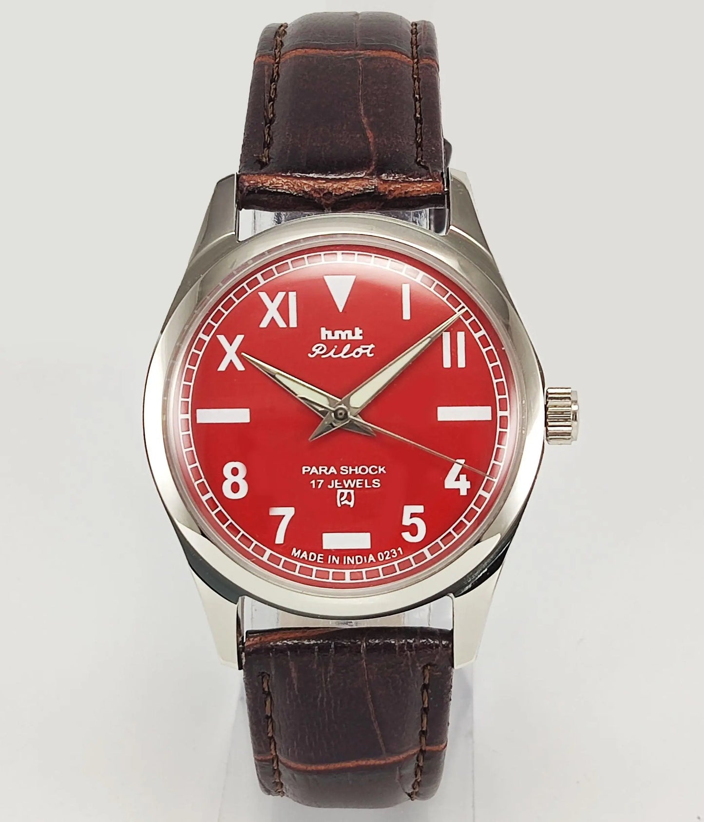 HMT Pilot Para Shock 17 Jewels Red Dial Transparent Back Mechanical Hand winding Men's Wrist Watch - Discover-Diamonds