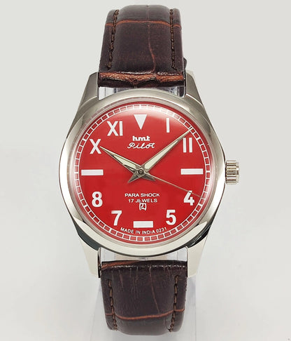 HMT Pilot Para Shock 17 Jewels Red Dial Transparent Back Mechanical Hand winding Men's Wrist Watch - Discover-Diamonds