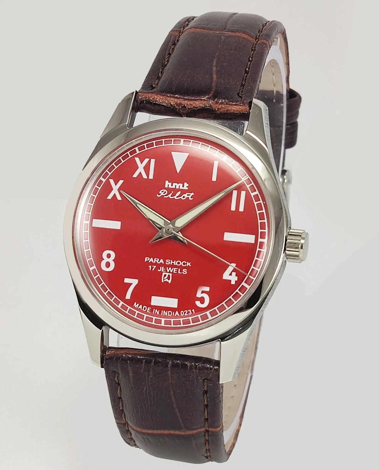 HMT Pilot Para Shock 17 Jewels Red Dial Transparent Back Mechanical Hand winding Men's Wrist Watch - Discover-Diamonds