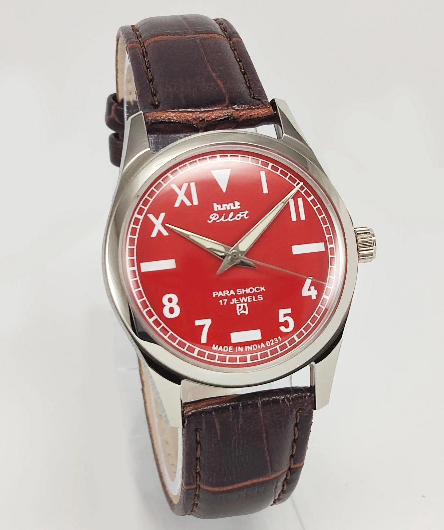 HMT Pilot Para Shock 17 Jewels Red Dial Transparent Back Mechanical Hand winding Men's Wrist Watch - Discover-Diamonds