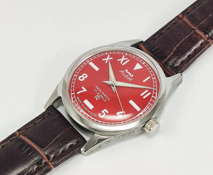 HMT Pilot Para Shock 17 Jewels Red Dial Transparent Back Mechanical Hand winding Men's Wrist Watch - Discover-Diamonds