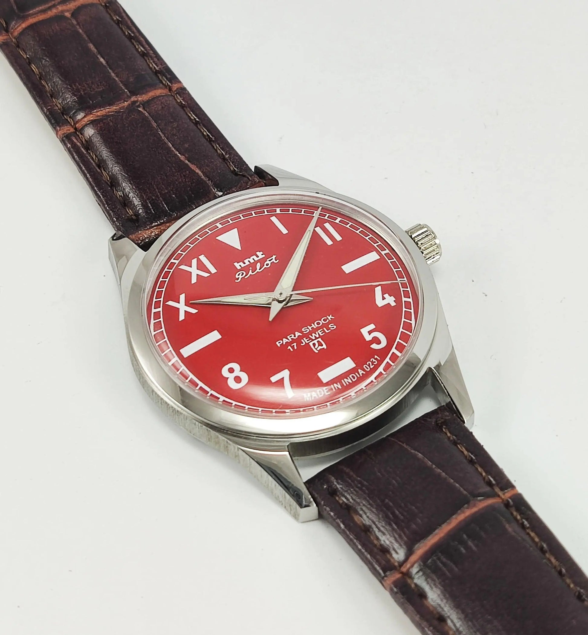 HMT Pilot Para Shock 17 Jewels Red Dial Transparent Back Mechanical Hand winding Men's Wrist Watch - Discover-Diamonds