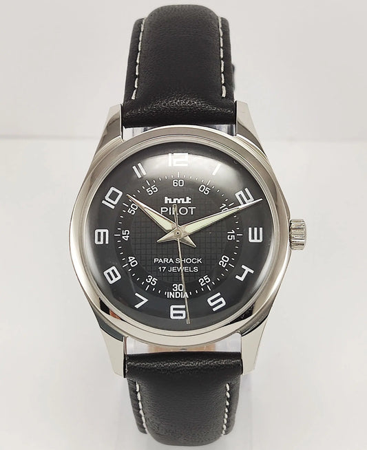 HMT Pilot Para Shock 17 Jewels Black Dial Transparent Back Mechanical Hand winding Men's Wrist Watch Discover-Diamonds