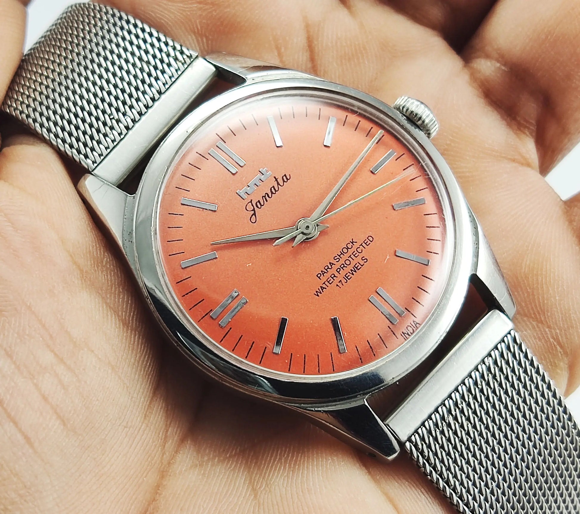HMT Janata Para Shock 17 Jewels Orange Dial Mechanical Hand winding Men's Wrist Watch Discover-Diamonds