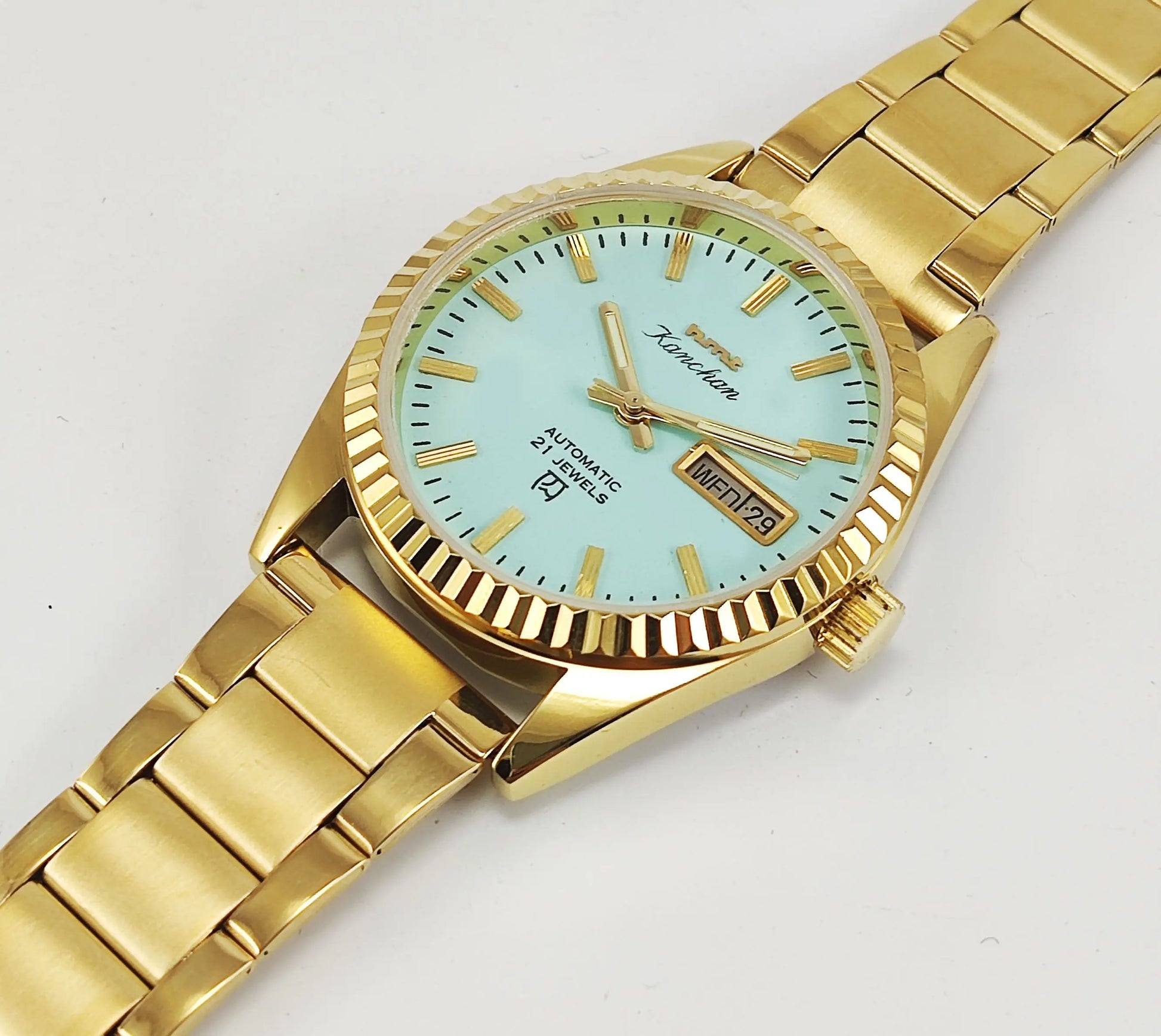 HMT Kanchan Para Shock 21 Jewels Pista Green Dial Day Date Function Mechanical Automatic Men's Wrist Watch Discover-Diamonds