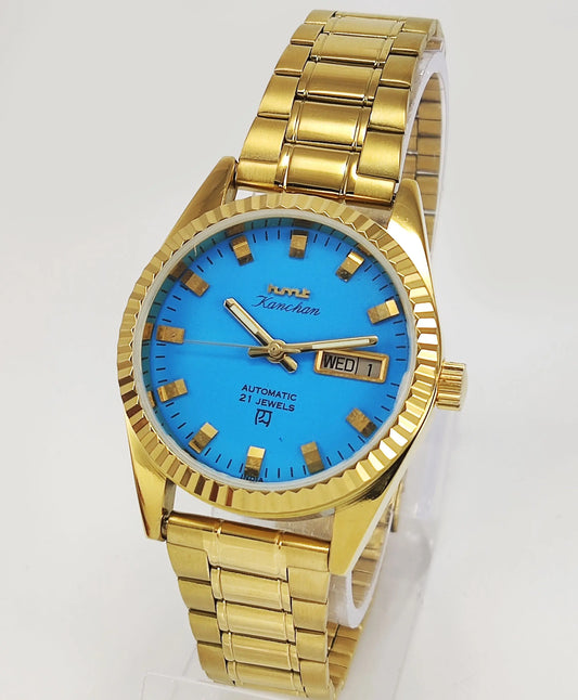 HMT Kanchan Para Shock 21 Jewels Blue Dial Day Date Function Mechanical Automatic Men's Wrist Watch Discover-Diamonds