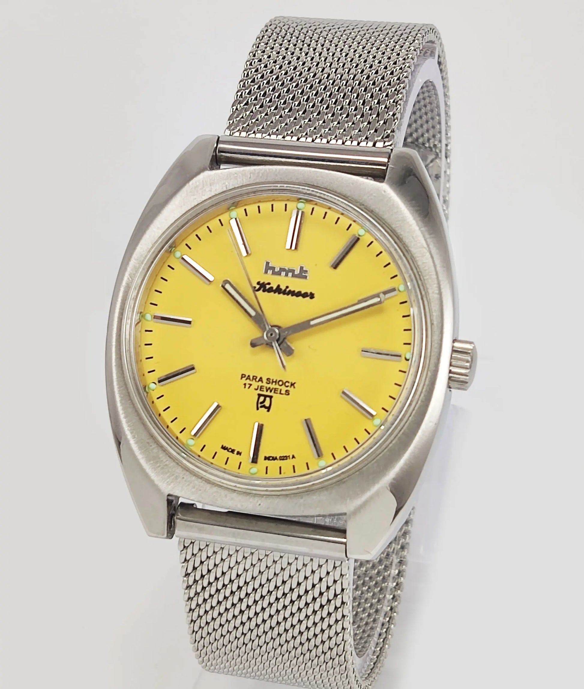 HMT Kohinoor Para Shock 17 Jewels Sun Yellow Dial Mechanical Hand winding Men's Wrist Watch Discover-Diamonds