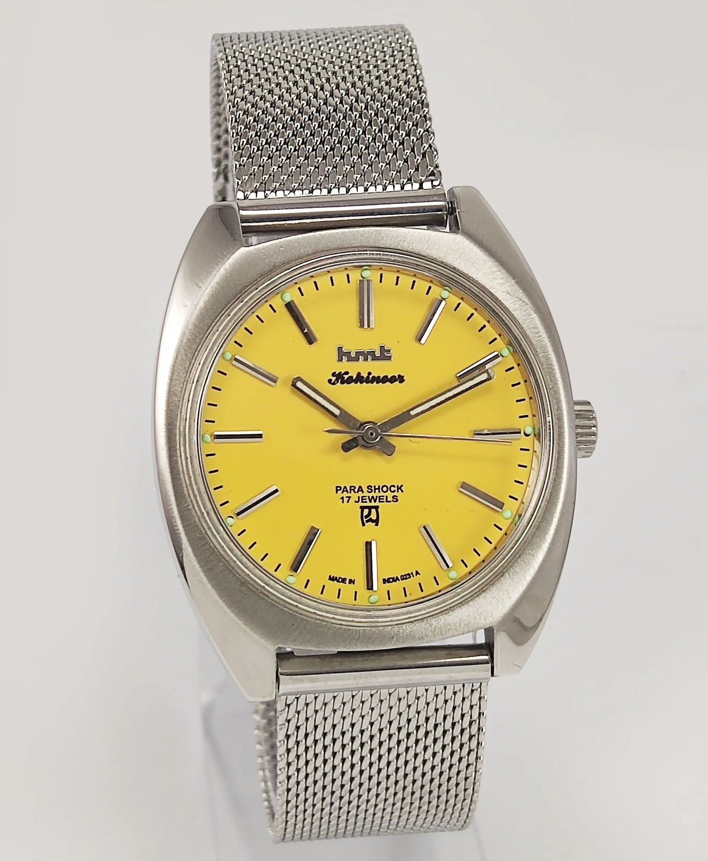 HMT Kohinoor Para Shock 17 Jewels Sun Yellow Dial Mechanical Hand winding Men's Wrist Watch Discover-Diamonds