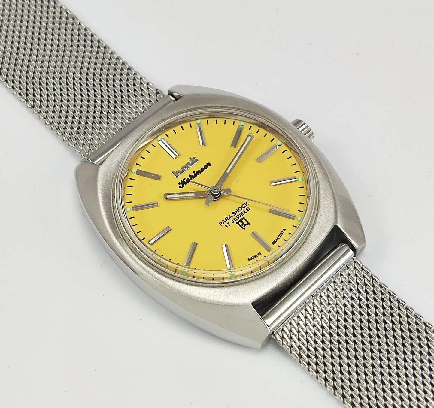 HMT Kohinoor Para Shock 17 Jewels Sun Yellow Dial Mechanical Hand winding Men's Wrist Watch Discover-Diamonds