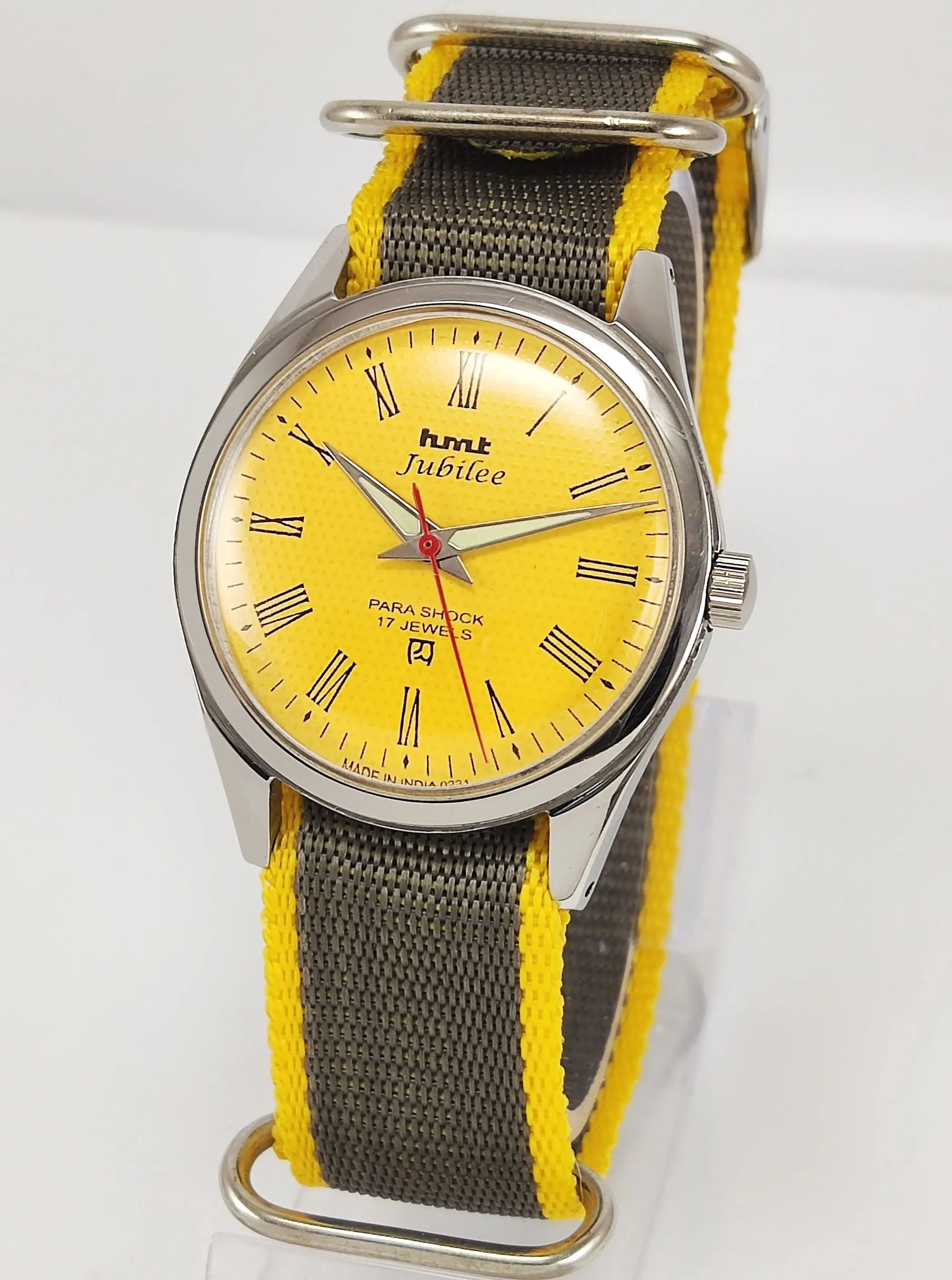 HMT Jubilee Para Shock 17 Jewels Sun Yellow Dial Mechanical Hand winding Men's Wrist Watch Discover-Diamonds