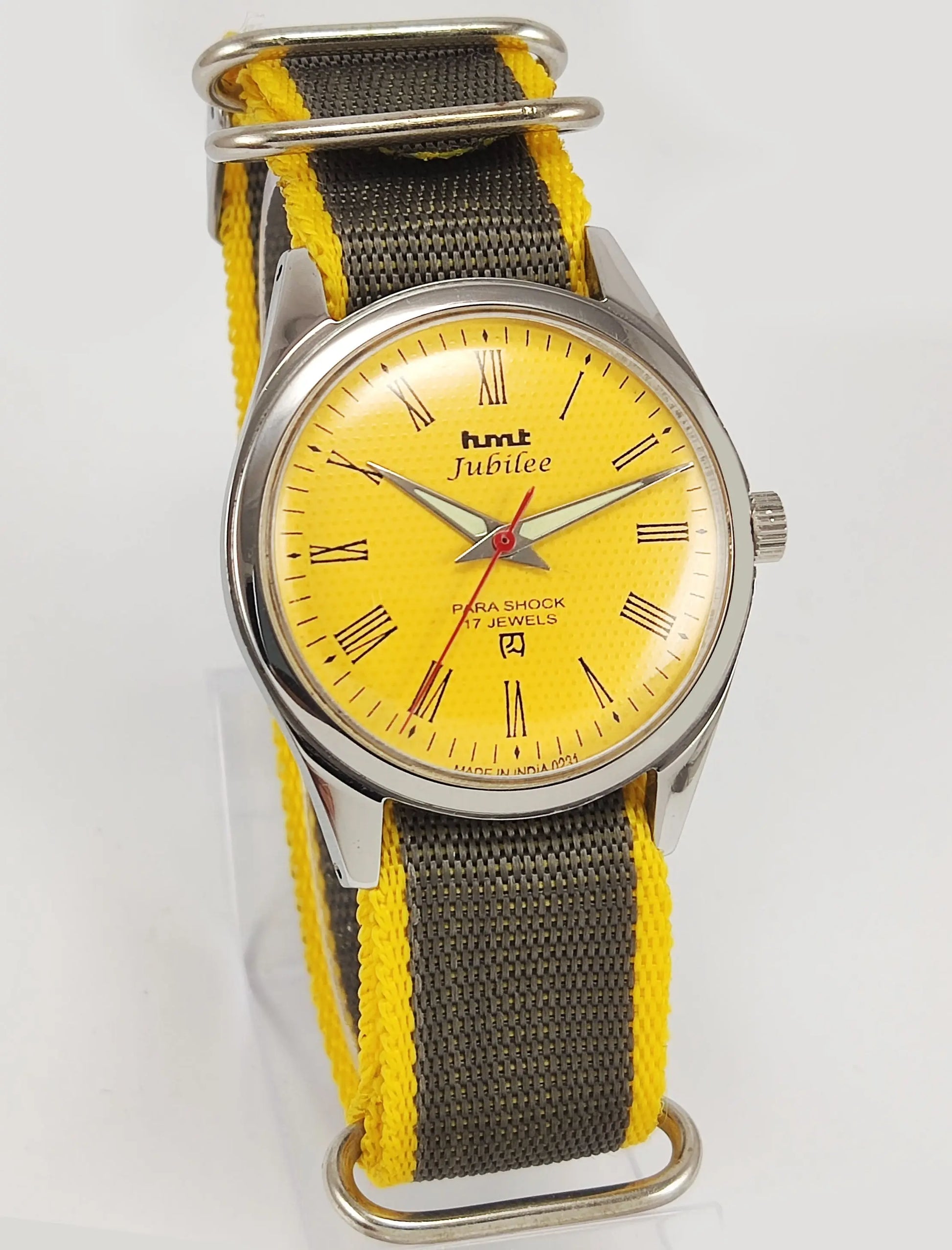 HMT Jubilee Para Shock 17 Jewels Sun Yellow Dial Mechanical Hand winding Men's Wrist Watch Discover-Diamonds