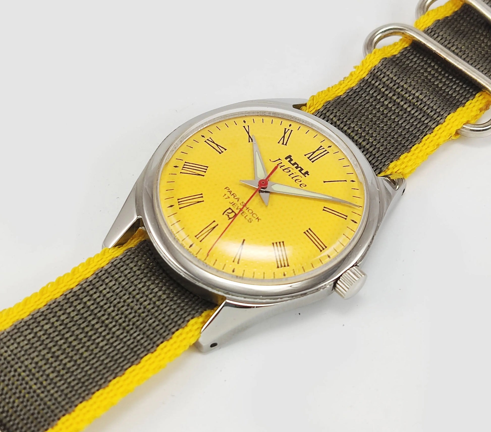 HMT Jubilee Para Shock 17 Jewels Sun Yellow Dial Mechanical Hand winding Men's Wrist Watch Discover-Diamonds