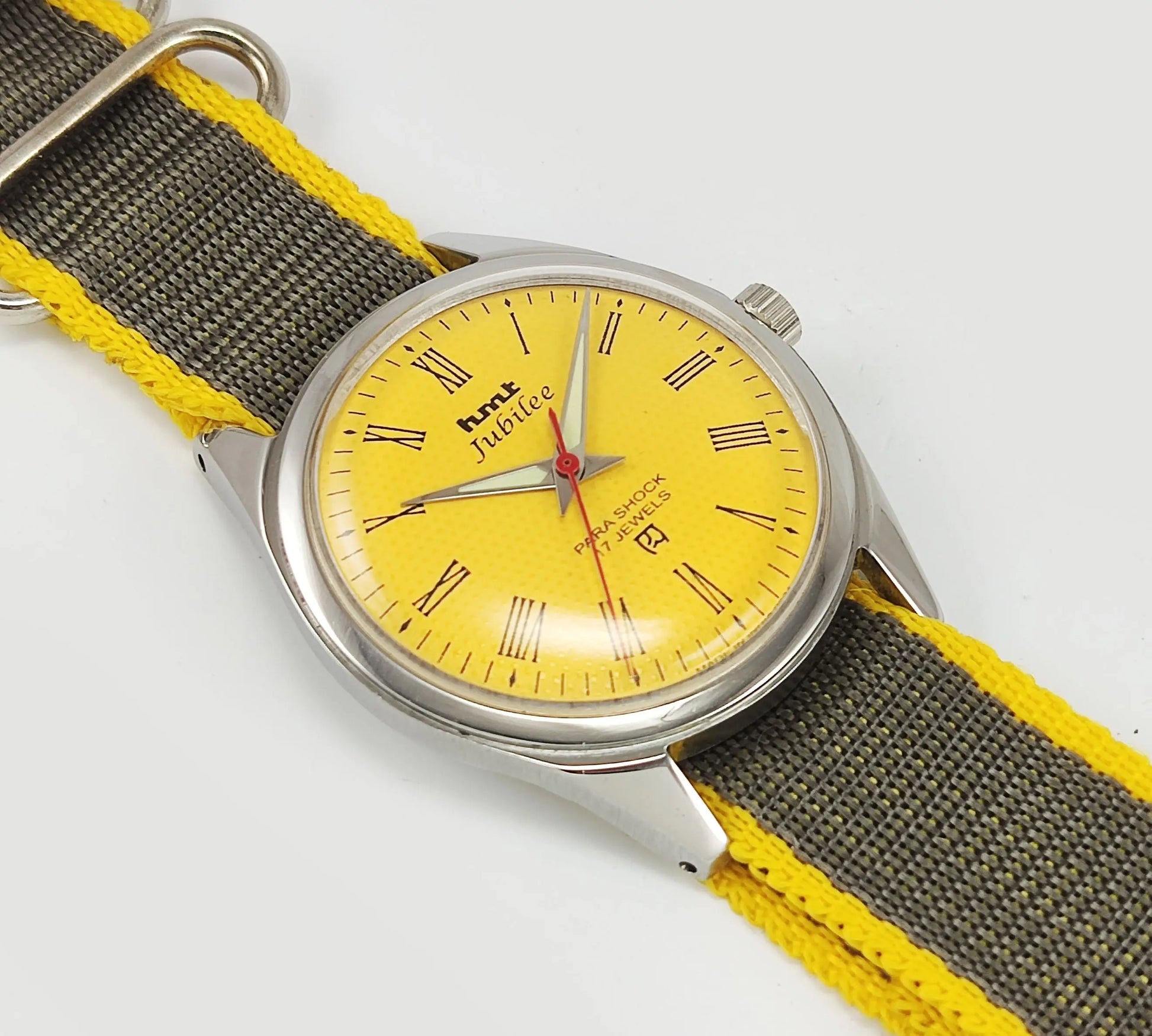 HMT Jubilee Para Shock 17 Jewels Sun Yellow Dial Mechanical Hand winding Men's Wrist Watch Discover-Diamonds