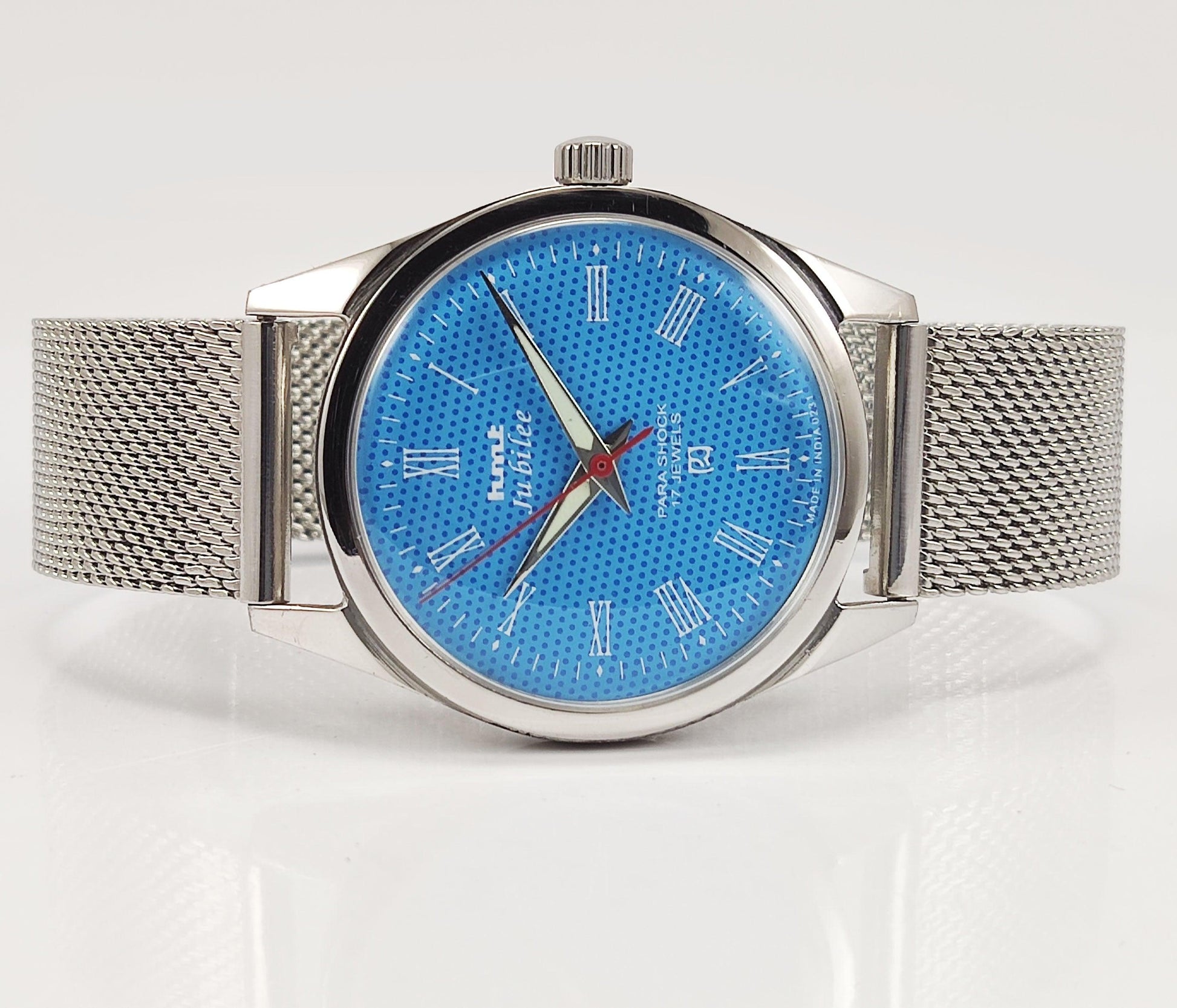 HMT Jubilee Para Shock 17 Jewels Sky Blue Dial Radium Hands Mechanical Hand winding Men's Wrist Watch Discover-Diamonds