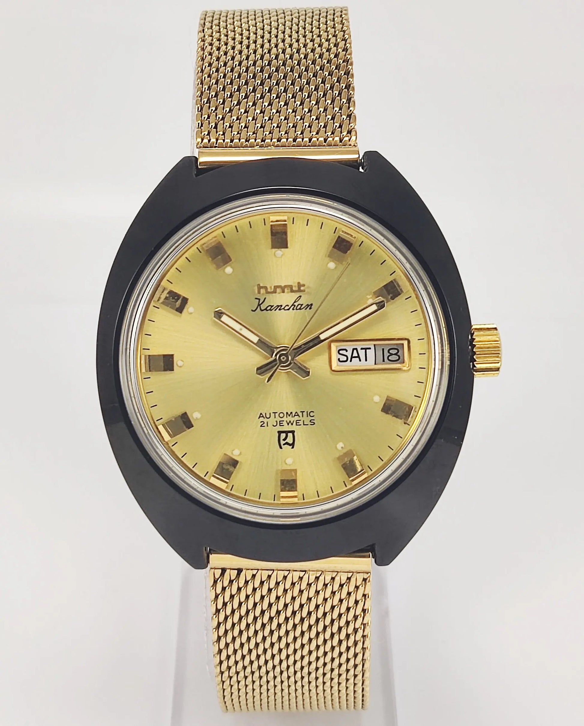 HMT Kanchan Para Shock 21 Jewels Golden Dial Day Date Function Mechanical Automatic Men's Wrist Watch Discover-Diamonds