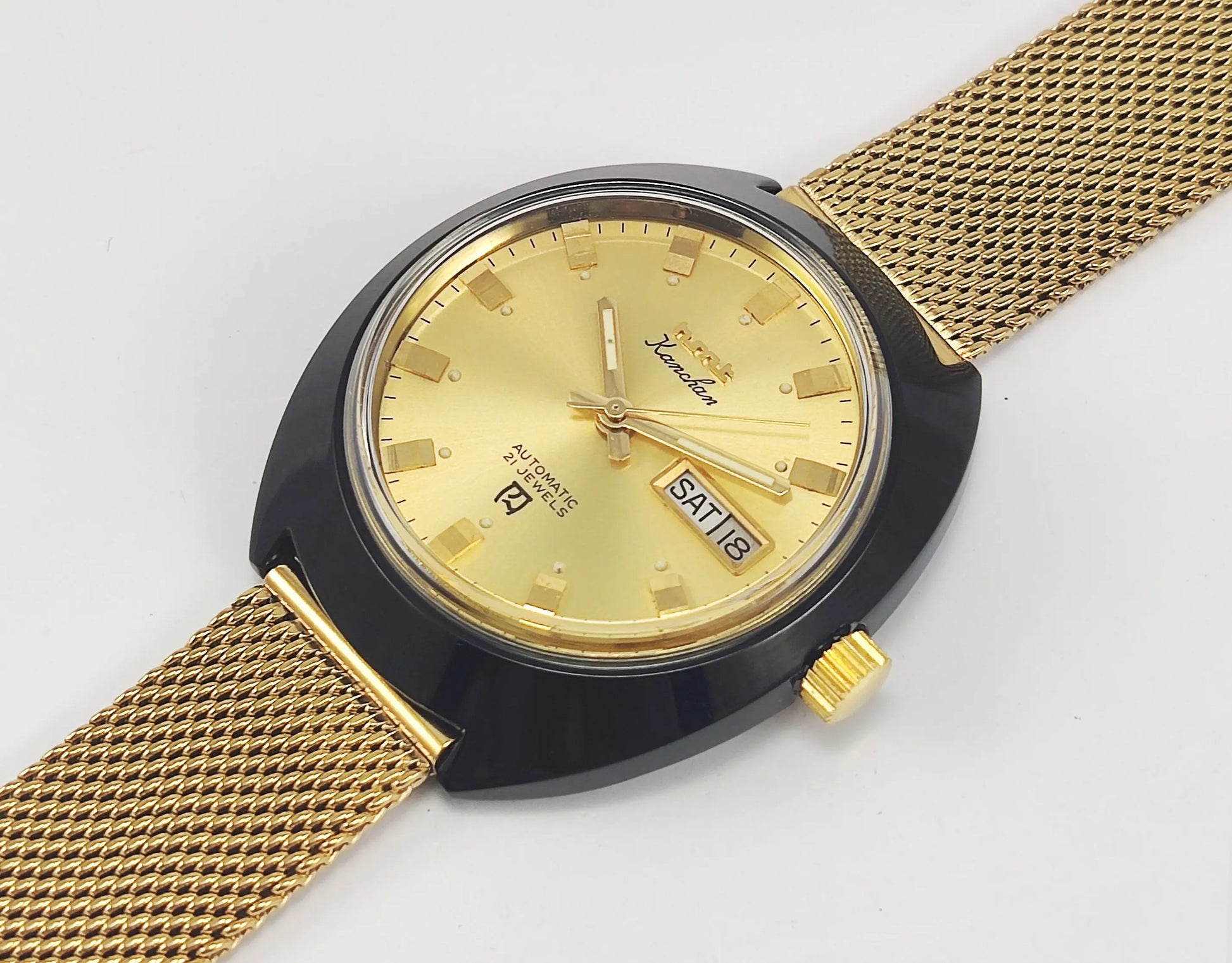 HMT Kanchan Para Shock 21 Jewels Golden Dial Day Date Function Mechanical Automatic Men's Wrist Watch Discover-Diamonds
