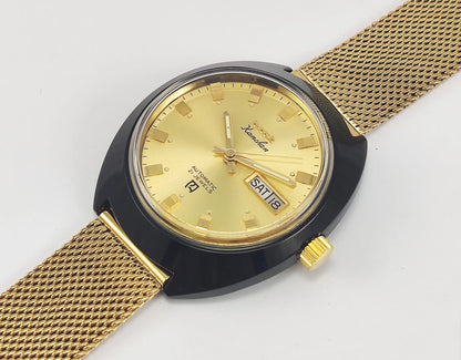 HMT Kanchan Para Shock 21 Jewels Golden Dial Day Date Function Mechanical Automatic Men's Wrist Watch Discover-Diamonds