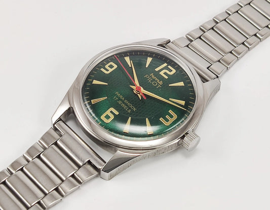 HMT Pilot Para Shock 17 Jewels Green Dial Transparent Back Mechanical Hand winding Men's Wrist Watch Discover-Diamonds