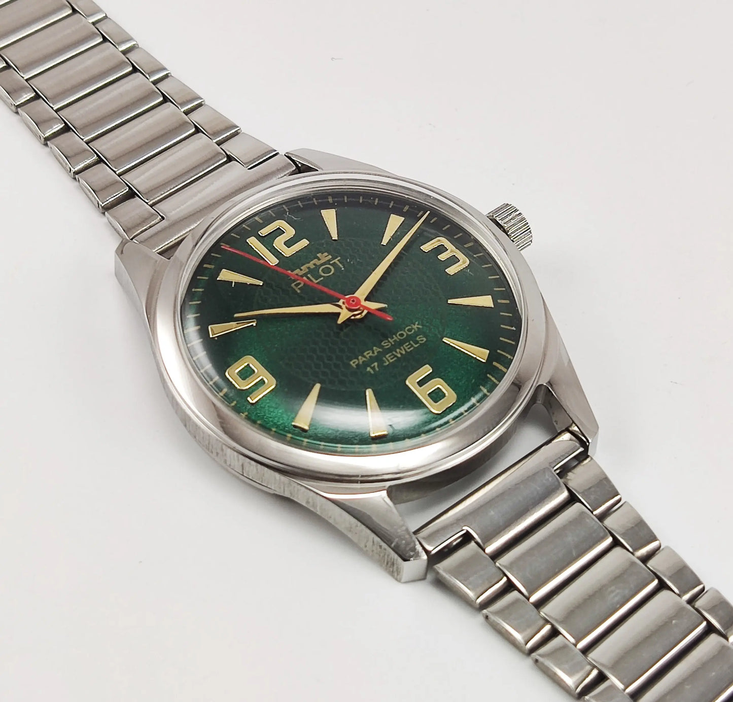 HMT Pilot Para Shock 17 Jewels Green Dial Transparent Back Mechanical Hand winding Men's Wrist Watch Discover-Diamonds