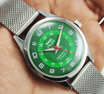 HMT Pilot Para Shock 17 Jewels Radium Hands Green Dial Mechanical Hand winding Men's Wrist Watch 0231 Discover-Diamonds