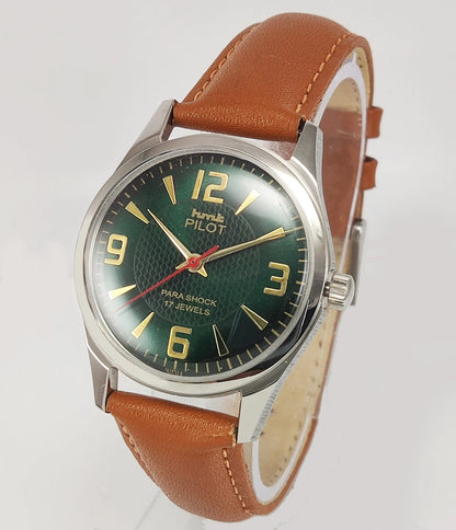 HMT Pilot Para Shock 17 Jewels Green Dial Transparent Back Mechanical Hand winding Men's Wrist Watch Discover-Diamonds