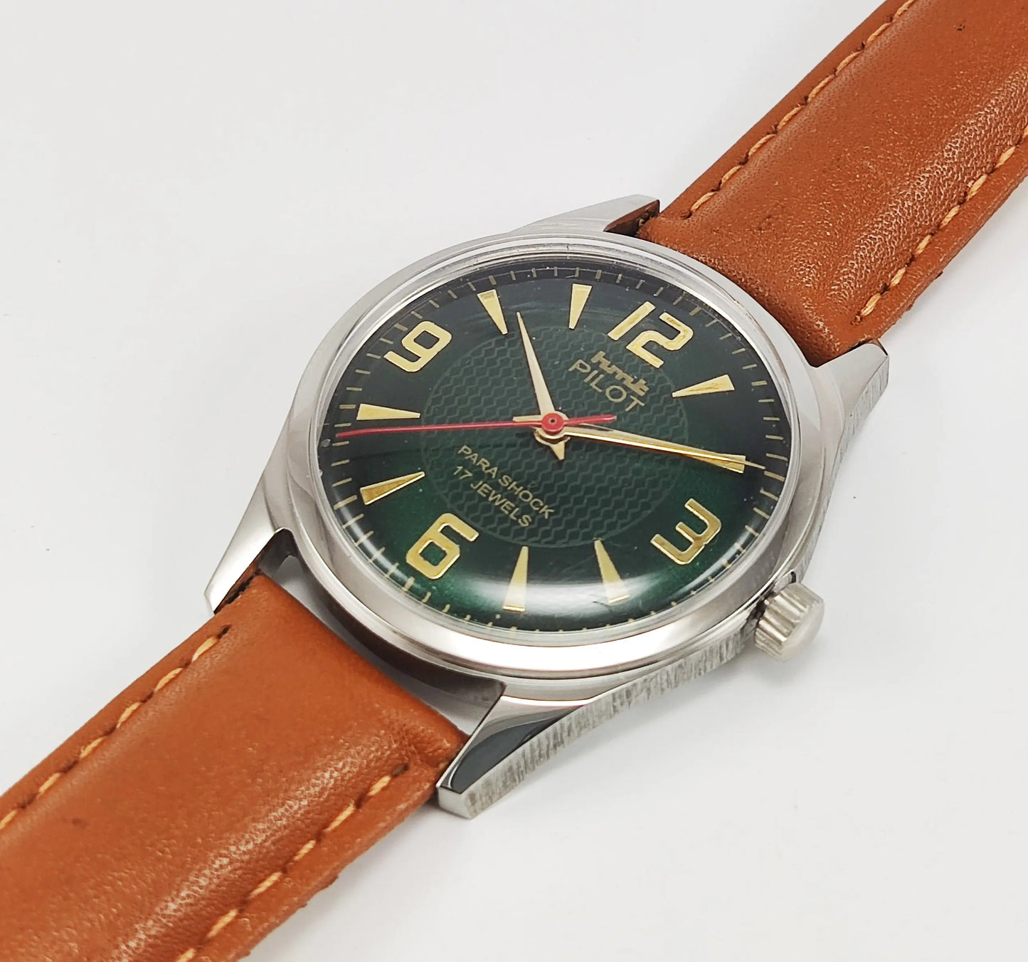 HMT Pilot Para Shock 17 Jewels Green Dial Transparent Back Mechanical Hand winding Men's Wrist Watch Discover-Diamonds