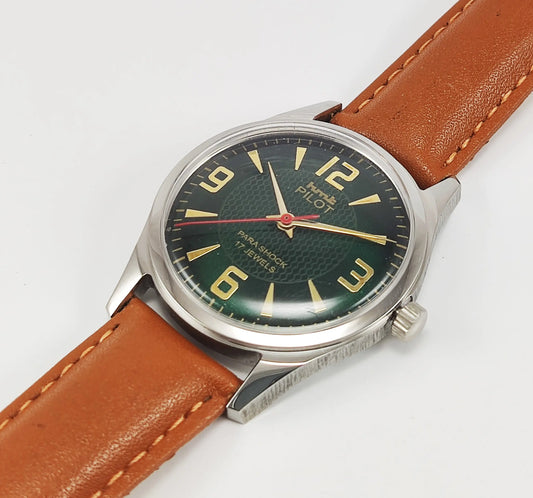 HMT Pilot Para Shock 17 Jewels Green Dial Transparent Back Mechanical Hand winding Men's Wrist Watch Discover-Diamonds