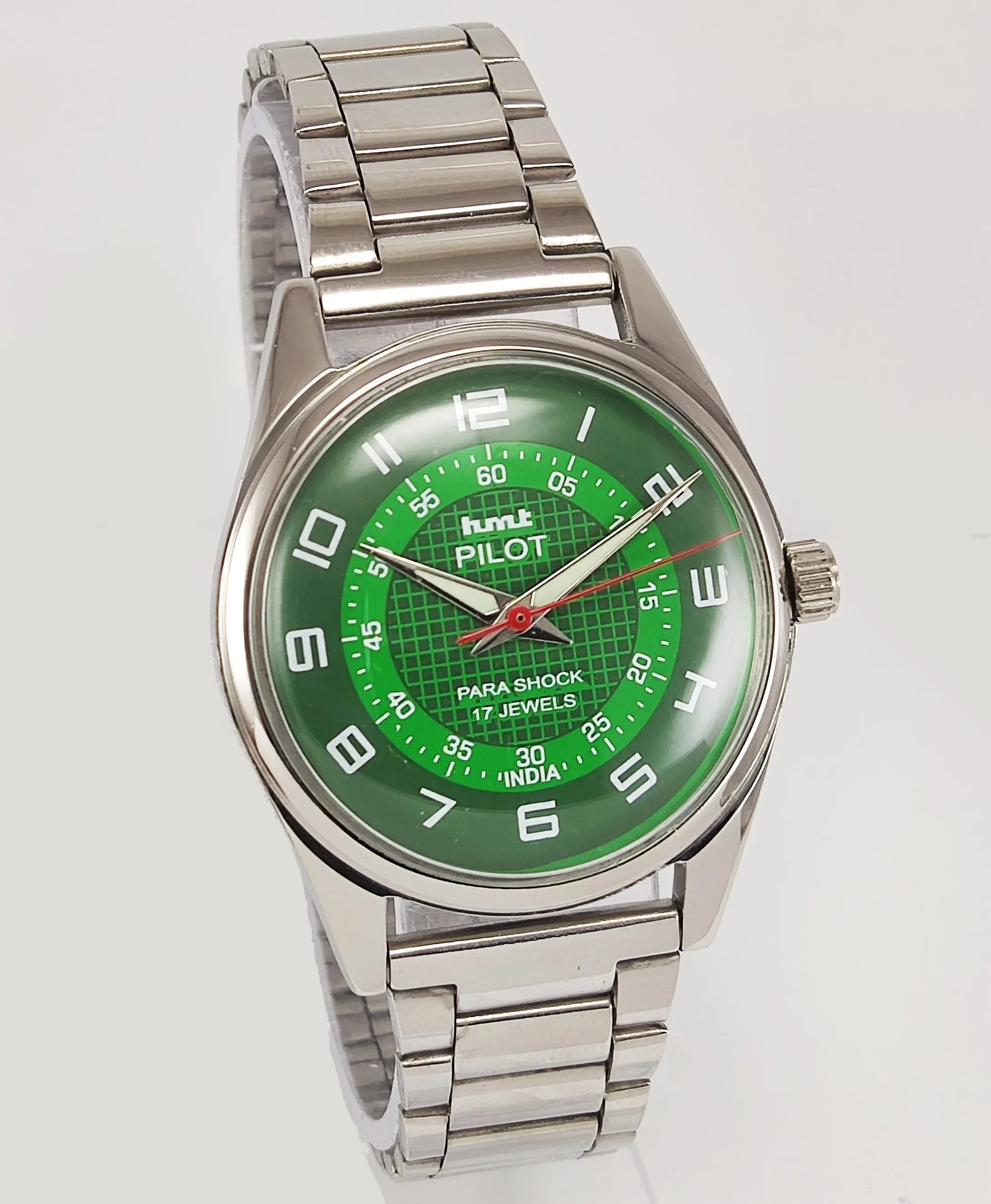 HMT Pilot Para Shock 17 Jewels Radium Hands Green Dial Mechanical Hand winding Men's Wrist Watch Discover-Diamonds