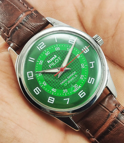 HMT Pilot Para Shock 17 Jewels Green Dial Mechanical Hand winding Men's Wrist Watch Discover-Diamonds