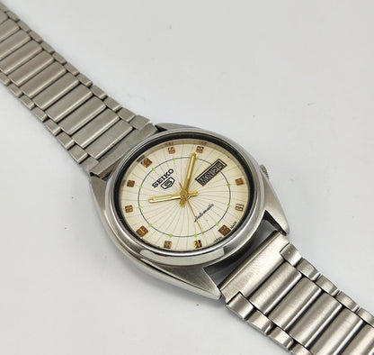 Seiko 5 Cream Color Dial 17 Jewels 7005A Japan Made Automatic Movement Men's Wrist Watch Discover-Diamonds