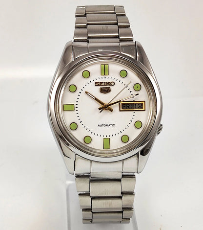 Seiko 5 Automatic White Color Dial 17 Jewels 7009A Day Date Function Japan Made Men's Wrist Watch Discover-Diamonds