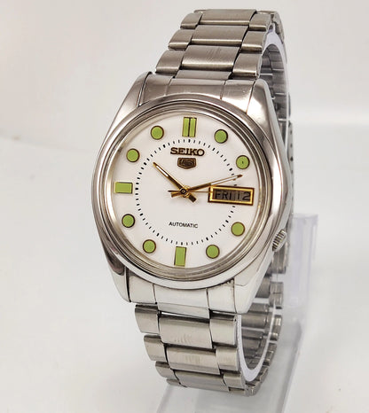 Seiko 5 Automatic White Color Dial 17 Jewels 7009A Day Date Function Japan Made Men's Wrist Watch Discover-Diamonds