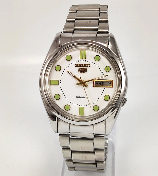 Seiko 5 Automatic White Color Dial 17 Jewels 7009A Day Date Function Japan Made Men's Wrist Watch Discover-Diamonds