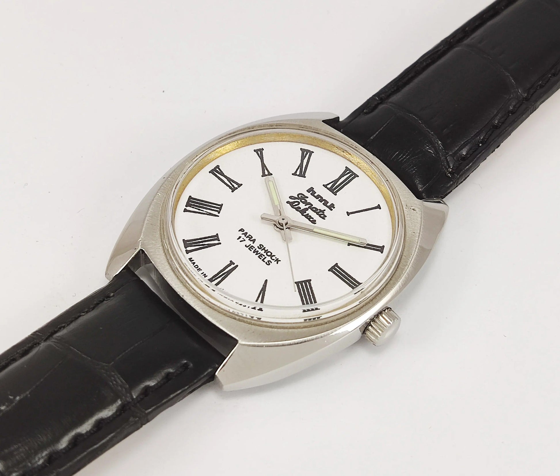 HMT Janata Deluxe Para Shock 17 Jewels White Dial Mechanical Hand winding Men's Wrist Watch 0231 - Discover-Diamonds