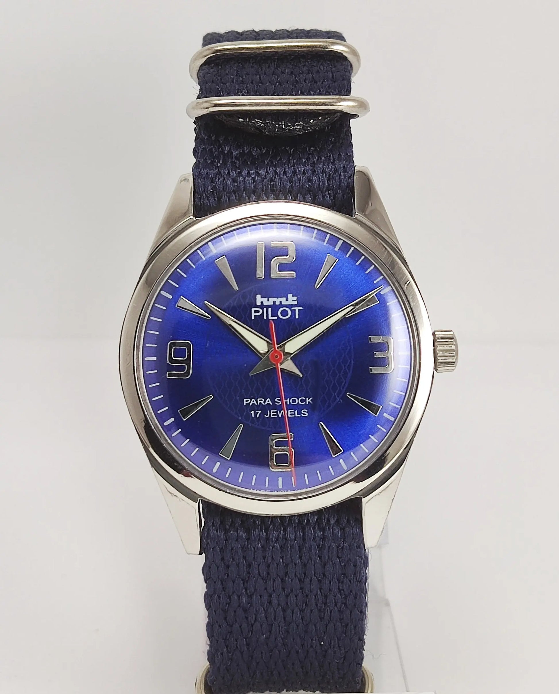 HMT Pilot Para Shock 17 Jewels Blue Dial Mechanical Hand winding Men's Wrist Watch Discover-Diamonds