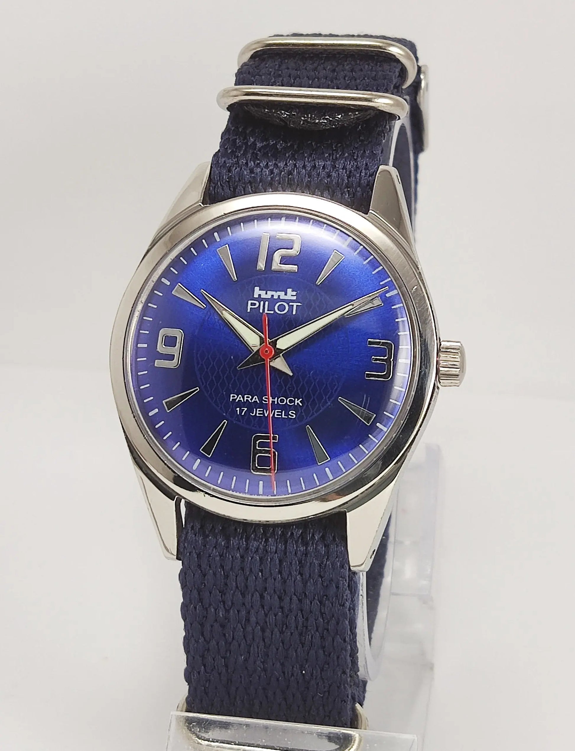 HMT Pilot Para Shock 17 Jewels Blue Dial Mechanical Hand winding Men's Wrist Watch Discover-Diamonds