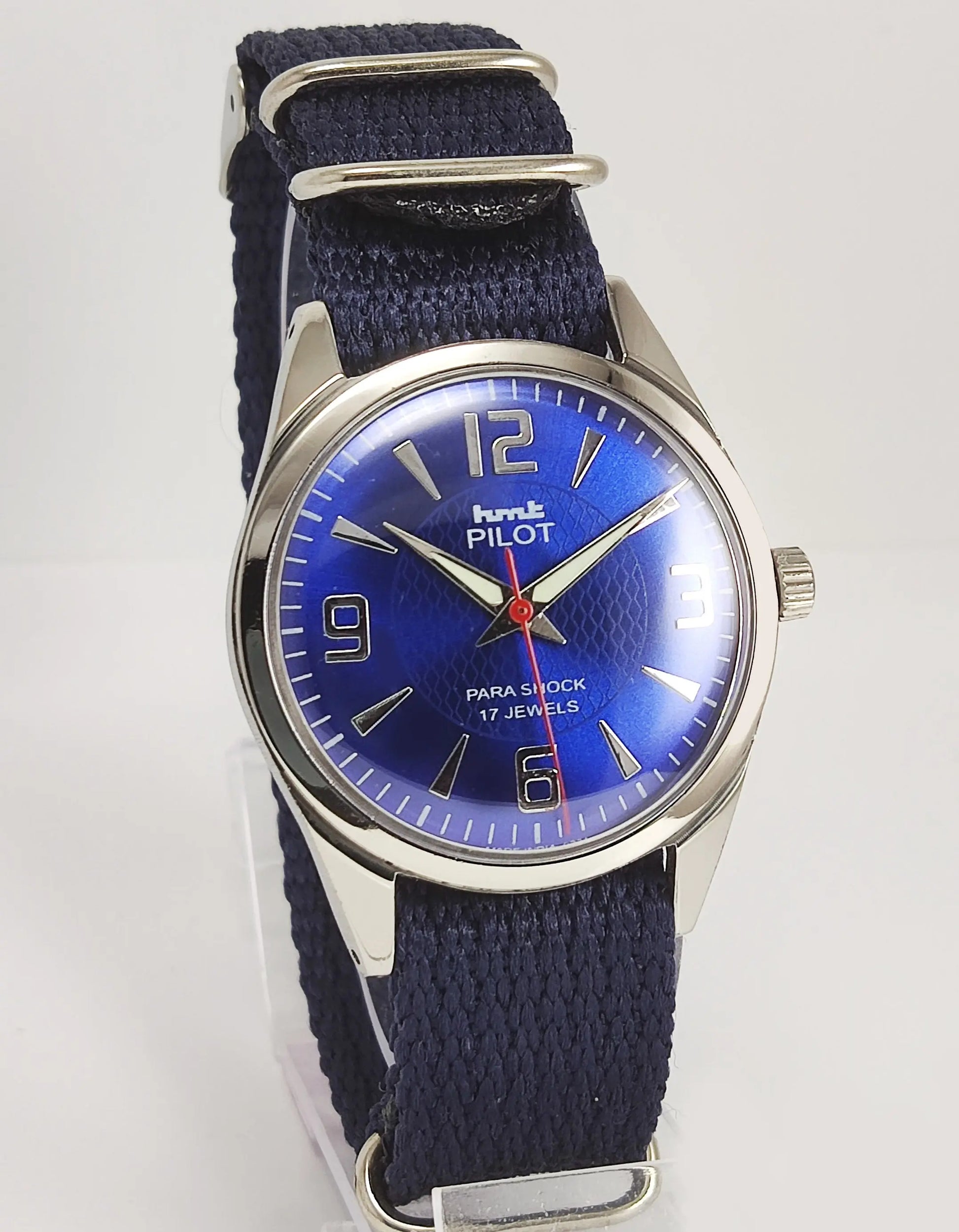 HMT Pilot Para Shock 17 Jewels Blue Dial Mechanical Hand winding Men's Wrist Watch Discover-Diamonds